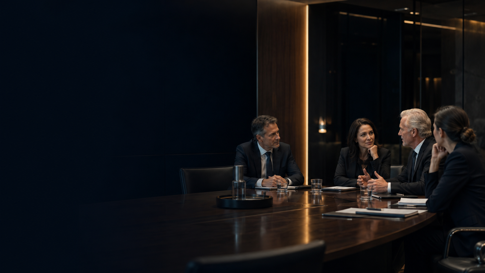 Profissionais em reunião de governança e mediação